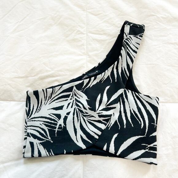 Zara Black White Palm Print One Shoulder Crop Top Women’s Size Small - Picture 2 of 9